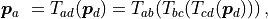 \boldsymbol{p}_{a}\ = T_{ad}(\boldsymbol{p}_{d}) = T_{ab}(T_{bc}(T_{cd}(\boldsymbol{p}_{d}))) \, ,
