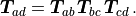 \boldsymbol{T}_{ad} = \boldsymbol{T}_{ab} \, \boldsymbol{T}_{bc} \, \boldsymbol{T}_{cd} \, .