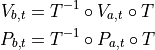 V_{b,t} &= T^{-1} \circ V_{a,t} \circ T \\
P_{b,t} &= T^{-1} \circ P_{a,t} \circ T