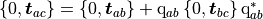 \{ 0, \boldsymbol{t}_{ac} \} = \{ 0, \boldsymbol{t}_{ab} \} + \mathrm{q}_{ab} \, \{ 0, \boldsymbol{t}_{bc} \} \, \mathrm{q}_{ab}^{\ast}